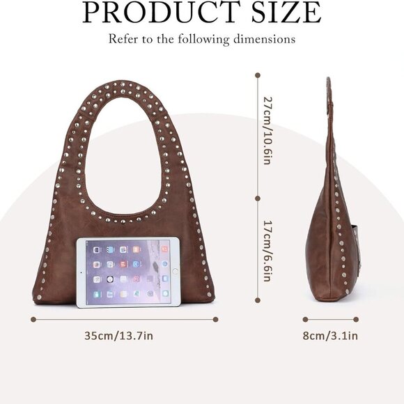 Y2K Studded Hobo Bag Womens PU Leather Tote Daily Use Vintage Chic - Picture 2 of 6